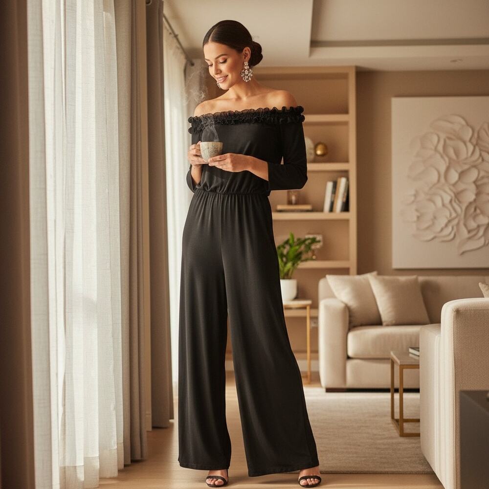 Adrianna Papell Black Off‑Shoulder Ruffle Jumpsuit Size 8 NWT Zip Closure